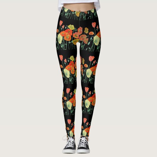Poppies de pavot orange et noir Leggings d'art flo (Devant)