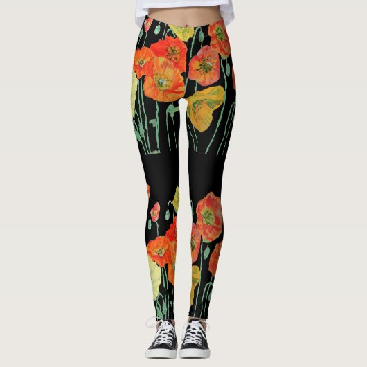 Poppies de pavot orange et noir Leggings d'art flo (Devant)