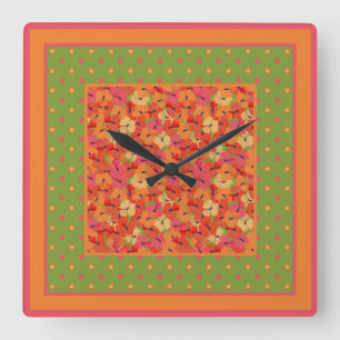 Poppies en Polka Dots op Groene Vierkante Wandklok Klok