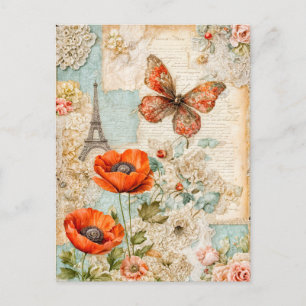 Poppies en vlinders met Eiffeltoren Feestdagenkaart
