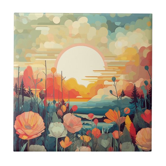 Poppies en vossenstaarten Abstract bloemveld Tegeltje (Voorkant)