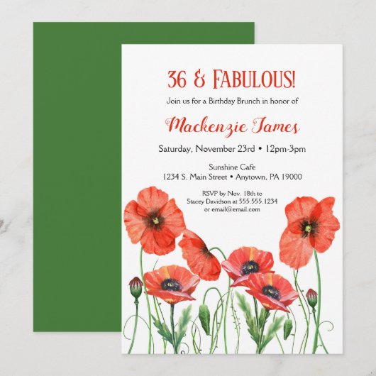Poppies Floral Invitation Anniversaire Adulte Popp (Devant / Derrière)