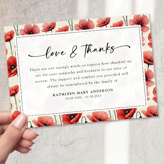 Poppies Floral Script Sympathy Funeral Bedankkaart