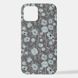 Poppies Grey Blue Black Waterverf Flowers iPhone iPhone 12 Hoesje