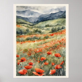 Poppies in het veld Natuurlijke Scène Waterverf Poster