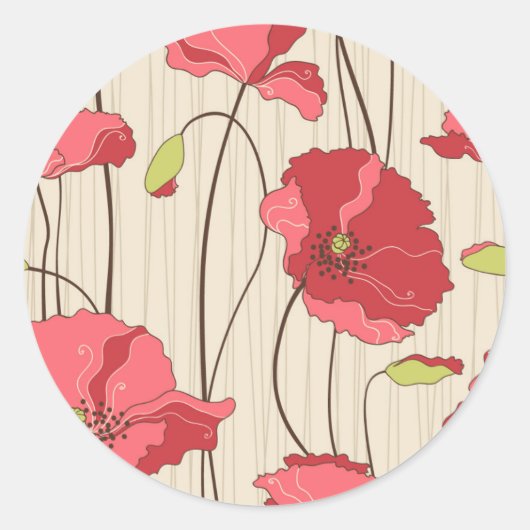 Poppies Patroon Retro Ronde Sticker (Voorkant)