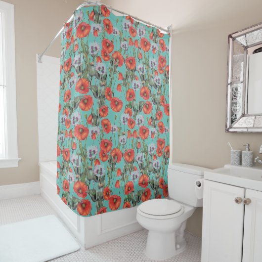 Poppies Rouge et Aqua Motif rideau de douche (En situation)