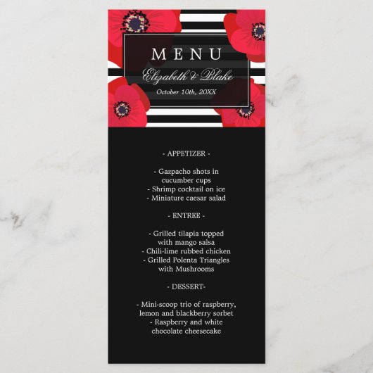 Poppies rouges et bandes noires | Menu de mariage (Devant)
