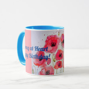 Poppies rouges Jeune au coeur Aquarelle Mug bleu