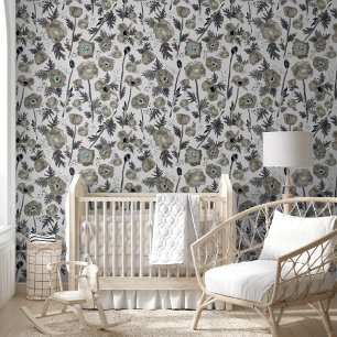 Poppies taupe Waterverf bloemmotief Behang
