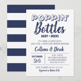 Poppin’ Bottles Navy Blue Baby shower Invitation Kaart