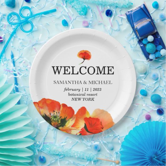 Poppy Bloem Rood Wit Bruiloft Papieren Bordje (Feest)