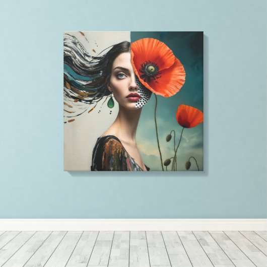 Poppy collage portret canvas afdruk (Insitu (Houten vloer))