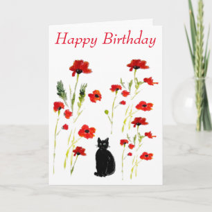 Poppy Cute Black Cat Floral Kaart