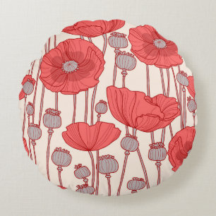 Poppy Field Dance: Naadloze Floral Rhapsody Rond Kussen