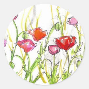 Poppy Flower Fields Zomer Wildflower Schilderij Ronde Sticker
