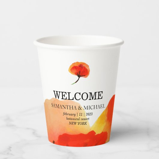 Poppy Flower Waterverf Schilderij Bruiloft Papieren Bekers (Voorkant)