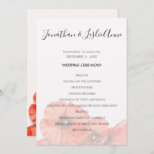 Poppy Flower Wedding Ceremony Program L2 Kaart (Voorkant / Achterkant)