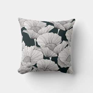 Poppy Flower, zwarte witte lijn. Kussen
