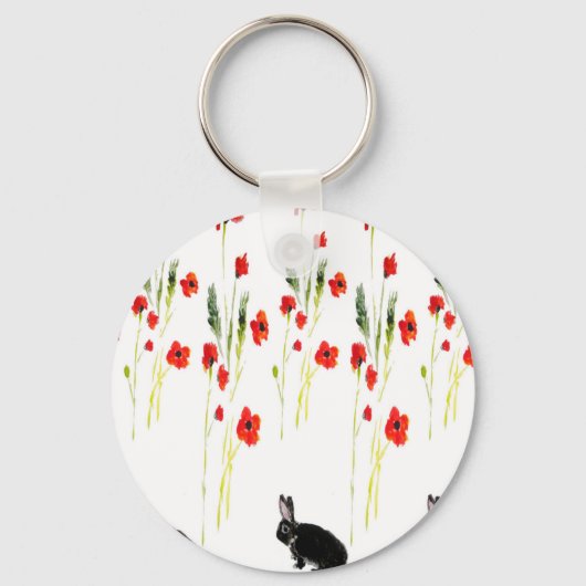Poppy Flowers en een schattig konijnenkonijn Sleutelhanger (Voorkant)