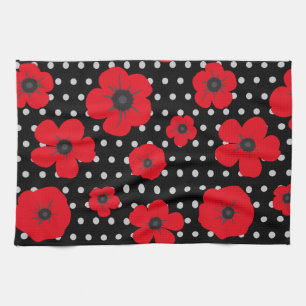 Poppy Flowers op zwarte en witte vlekken Theedoek