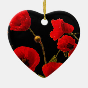 Poppy Flowers Red Black Waterverf Floral Heart Keramisch Ornament