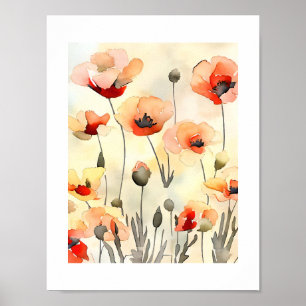 Poppy Flowers Waterverf minimalistisch schilderij Poster