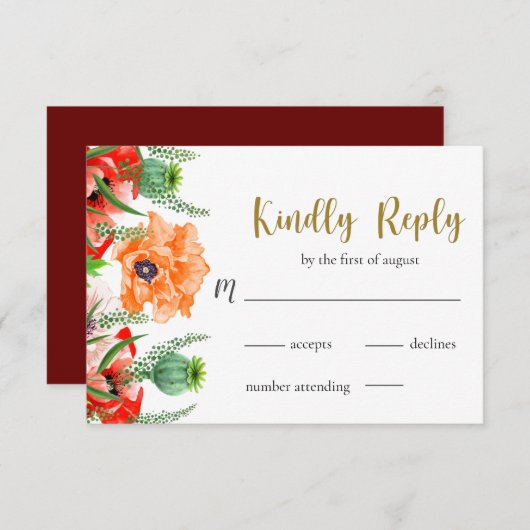 Poppy Flowers Wedding RSVP Kaart (Voorkant / Achterkant)
