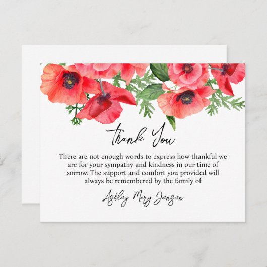 Poppy Funeral Thank You Card Bereavement Bedankkaart (Voorkant / Achterkant)