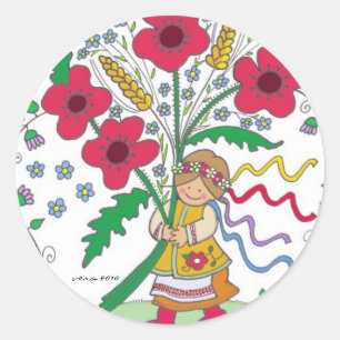 Poppy Girl Folk Art Ronde Sticker
