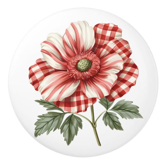 Poppy in het rood-wit Gingham Keramische Knop (Voorkant)