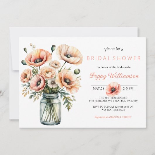 POPPY Mason Jar Invitation de la nuptiale de douch (Devant)