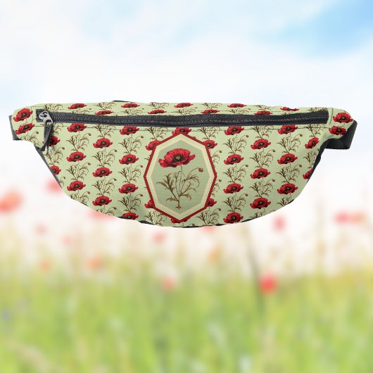 Poppy Pattern Red Sage Green with Floral Medallion