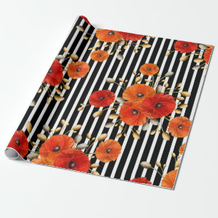 Poppy Red Flower Black White Glam Stripes Glam VIP Cadeaupapier