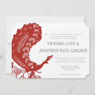 Poppy Red  Modern Peacock Wedding Invite Kaart