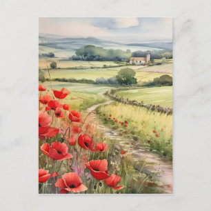 Poppy veld in een landelijk landschap briefkaart