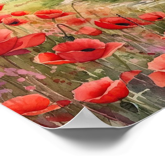 Poppy veld in een landelijk landschap poster (Hoek)