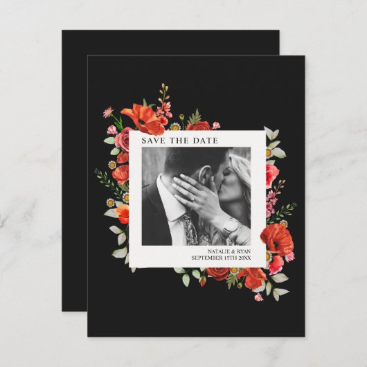 Poppy Wildbloemen Donkere bruiloft foto sparen de  Save The Date (Voorkant / Achterkant)