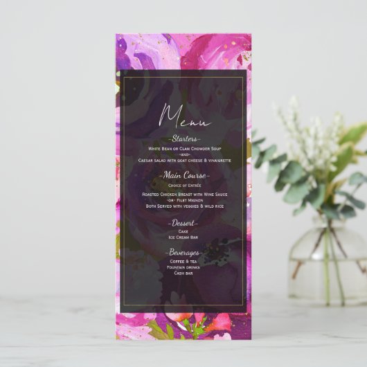 Pops de rose et violet vibre Mariage Floral Menu (Debout devant)