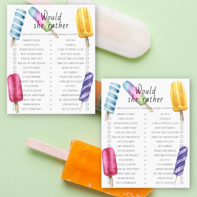 Popsicle baby shower Would She Rather spel  (Creator heeft geüpload)