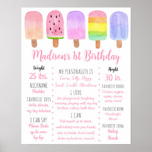 Popsicle roze meisje eerste verjaardag mijlpaal poster