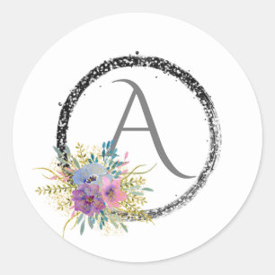 *~* Populaire Girly Glitter Initiaal Monogram Bloe Ronde Sticker