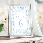 Porcelaine bleue arche mariage numéros de table<br><div class="desc">Classic élégant bleu chinoiserie porcelaine motif floral d'inspiration boho arch printemps ou mariage d'été numéros de table avec les noms de mariée et mariée.</div>