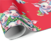 Porcs adorables sur papier cadeau de Noël rouge (Coin rond)