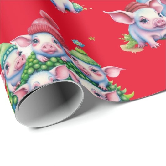 Porcs adorables sur papier cadeau de Noël rouge (Coin rond)
