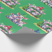 Porcs adorables sur papier cadeau de Noël vert (Coin)