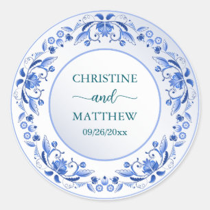 Porselein Blauw Bloemmotief Bruiloft Ronde Sticker