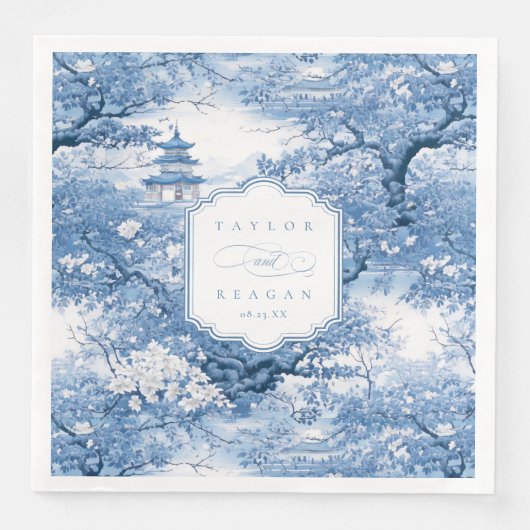 Porselein-geïnspireerde Chinoiserie Trouwnaam ID10 Servet (Voorkant)