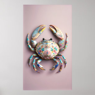 Porseleinen krab – Elegante Floral Shell Art Poster