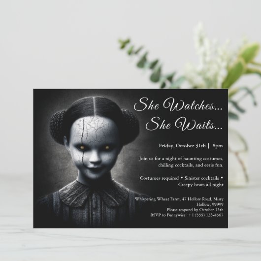 Porseleinen Pop Halloween Feest Uitnodiging (Staand voorkant)